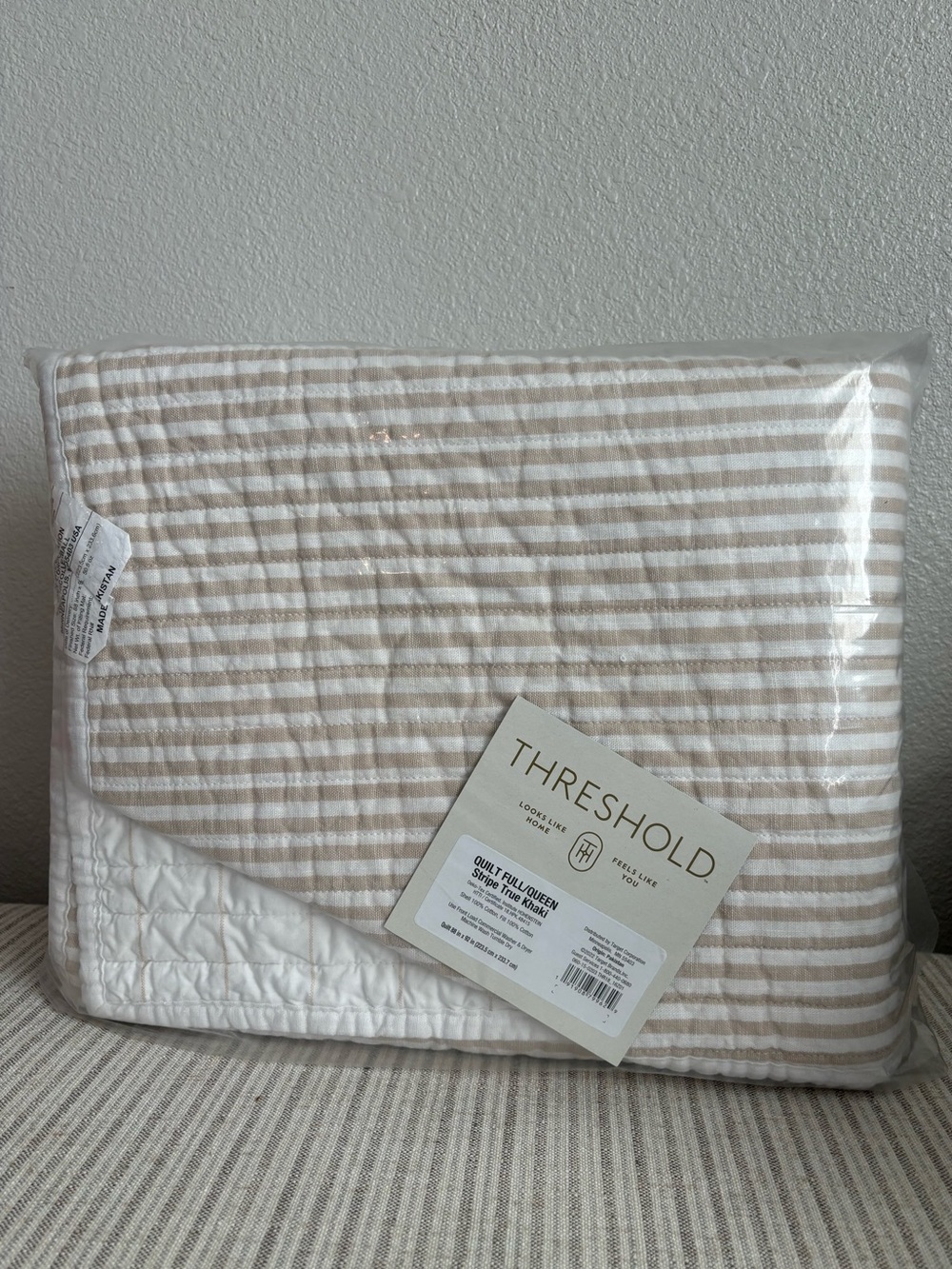 NWT Full/Queen Reversible Cotton Stripe Quilt Khaki - Threshold